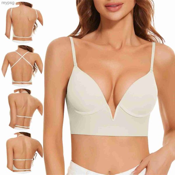 Soutiens-gorge Soutiens-gorge Sexy en coton U dos nu pour femmes, sous-vêtements push-up, mince, sans couture, haut confort, sans fil, Invisible, Lingerie YQ240203