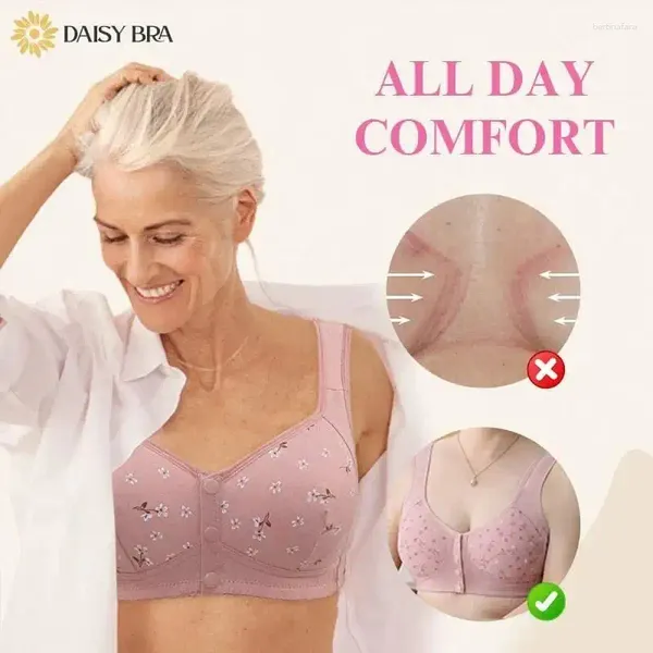 Sujetadores Cómodo botón frontal Daisy Bra Ancianos Cómodo Algodón activo Sin alambre Cierre floral Ropa interior Lencería diaria Tallas grandes