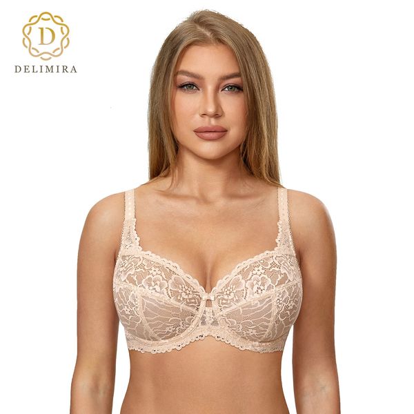 Sujetadores DELIMIRA Sujetador minimizador para mujer Talla grande Encaje Floral Cobertura total Sexy Ver a través de aros Malla sin forro Transparente DD E F G 231102