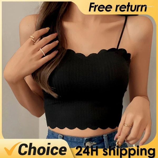 Bras Ice Silk Ribbed Crop Tops Mujeres Diseño de borde ondulado Camiseta sin mangas Verano Spaghetti Strap Top con tazas Camisola de color sólido