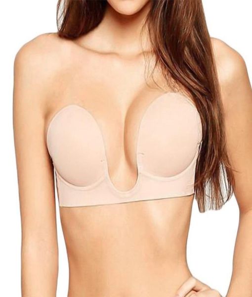 Bras Invisible Push Up Bra Sin tirantes Vestido formal Boda Noche Pegajoso Autoadhesivo Silicona Brassiere Deep U Dropshipper5427525