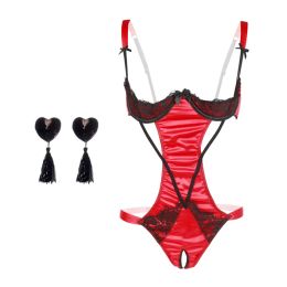 Mas kant boog backless nachtwear teddy lenceria sexi para mujer zwarte rode vrouwen open cupless bra crotchless bodysuit lingerie sling