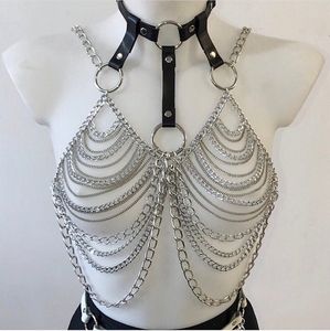 Bras Cuero Sexy Bra Arnés Rave Sliver Body Chain Crop Top Disfraces Festival Musical Trajes de escenario Equipo