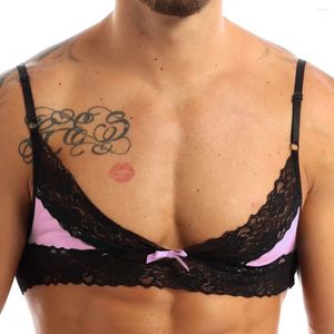 Mens heren erotische mietje bh tops crossdressing lingerie verstelbare spaghetti riemen bloemen kanten draadvrije ongevoelige tanks mannelijke bralette