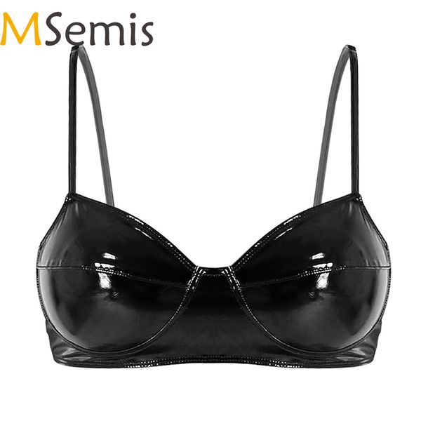 Bras msemis negro lencería moda wetlook faux cuero sexy alambre sin almo