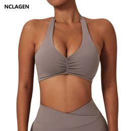 NCLAGEN Vrouwen Halter Sportbeha Hoge Ondersteuning Impact Ruches Fitness Gym Yoga Top Trainingskleding Pushup Korset Gewatteerde Activewear