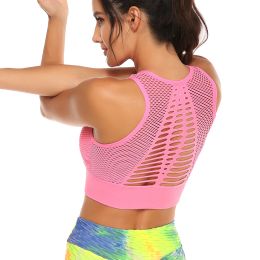 Bras New Sports Sports Sports Fiess Women Raceback Running Hollow Crops Tops Pink Workout Yoga Padded Bras High Impact Activewear