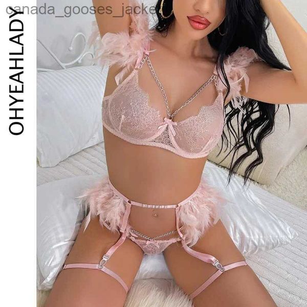 Bras Ohyeahlady Sexy Cadena de encaje Sujetador Calzoncillos Conjunto Floral Tirantes regordetes Trajes de lencería Tallas grandes Ligas de plumas Ropa interior BragasC24315