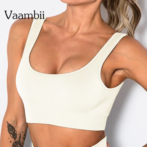 Soutien-gorge de Sport à dos ouvert pour femmes, côtelé, sans os, sans couture, haut de Sport de Yoga avec bonnets, bretelles larges, Bralette noire