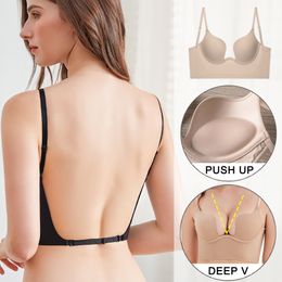 Bras Push Up beha Bacless Women Low Cut Sexy Plunge Brassiere Open Back Wedding Underwear Invisible Nadless Deep U Lingerie 230316