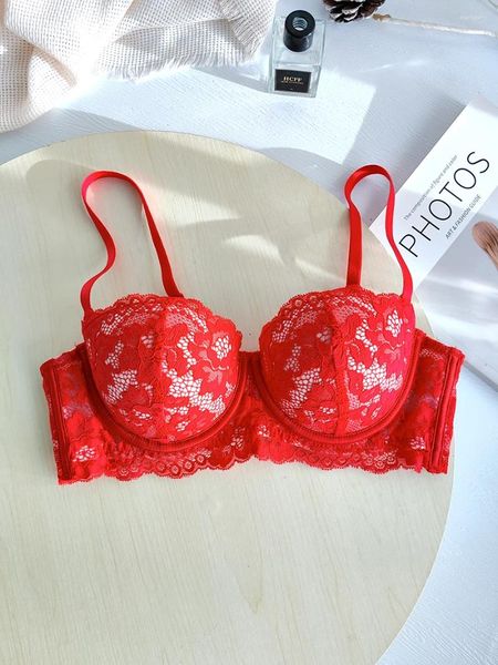 Soutien-gorge amovible à double bretelles sexy en dentelle froncée avec anneau en acier doux soutien-gorge petits seins montrent de grands sous-vêtements demi-tasse