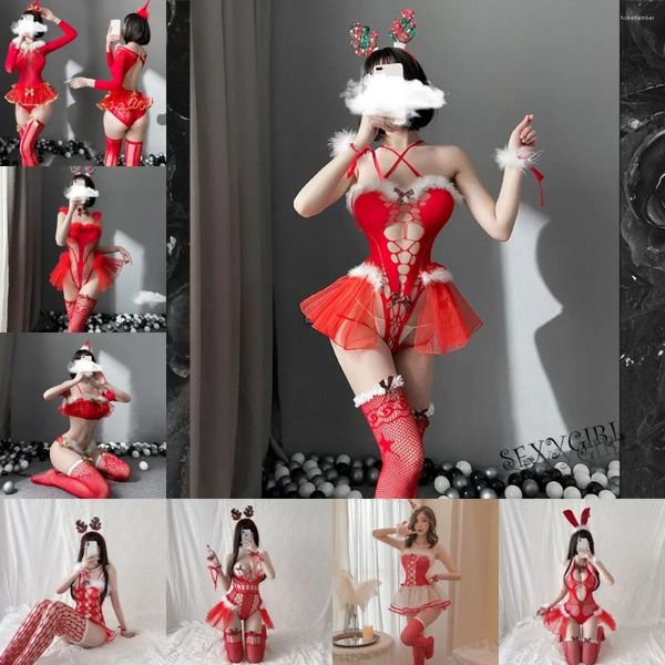 Bras sets 2024 Christmas Elk Sexy Lingerie Play-Playing Uniforme Tentation Mesh Suit Cosplay Tenits Set for Woman Tanga Mujer