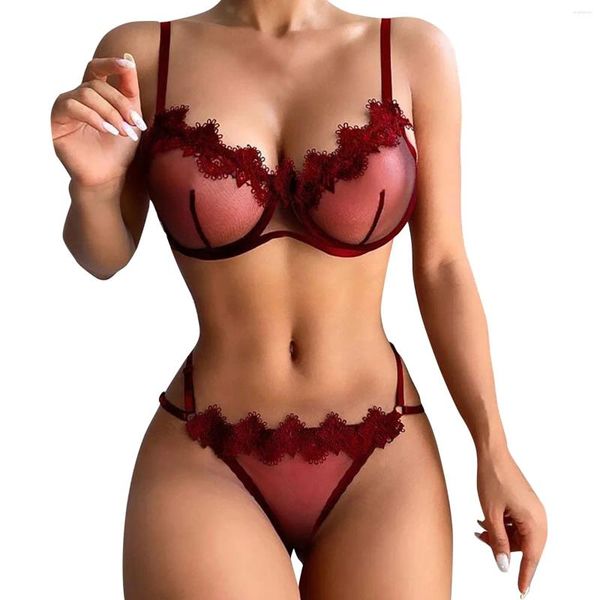 Bras sets 2024 Christmas Wine Femmes Lingerie Set Transparent Mesh Steel Ring Bra and Thong Erotic Sexy Underwear Nightwear