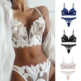 Bras Sets 2024 French Sexy Femmes Sous -wear Set Push Up Bra Lace Lingerietransparent Panty Wedding White Thin