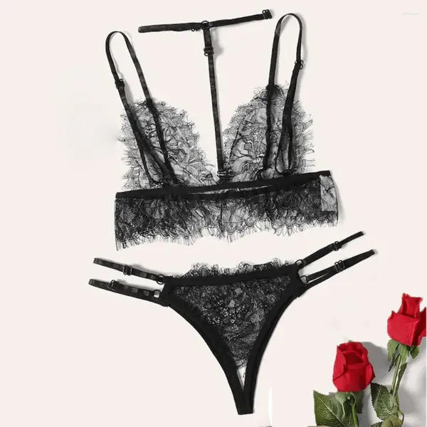Bras Sets 2024 Sexe femme exotique en dentelle de lacette Veme Ve V-collier licou floral ouvert String Black Lingerie S-2xl
