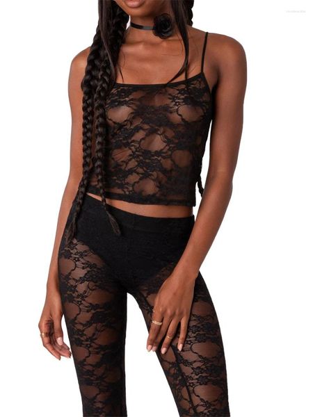 Soutien-gorge Ensembles 2024 Été Femmes 2pcs Lingerie Dentelle Perspective Modèle Sans Manches Recadrée Camisole Taille Haute Short Vêtements De Nuit