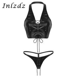 Soutien-gorge Ensembles 2pcs Femmes Latex Lingerie Costume Soft Faux Cuir Lace Up Bikini Set Halter Crop Top avec Mini G-String Thong Sous-vêtements242z