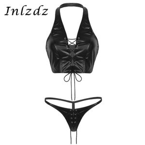 Bh Sets 2 Stuks Vrouwen Latex Lingerie Pak Zacht Kunstleer Lace Up Bikini Set Halter Crop Top Met mini G-string Thong Ondergoed250O