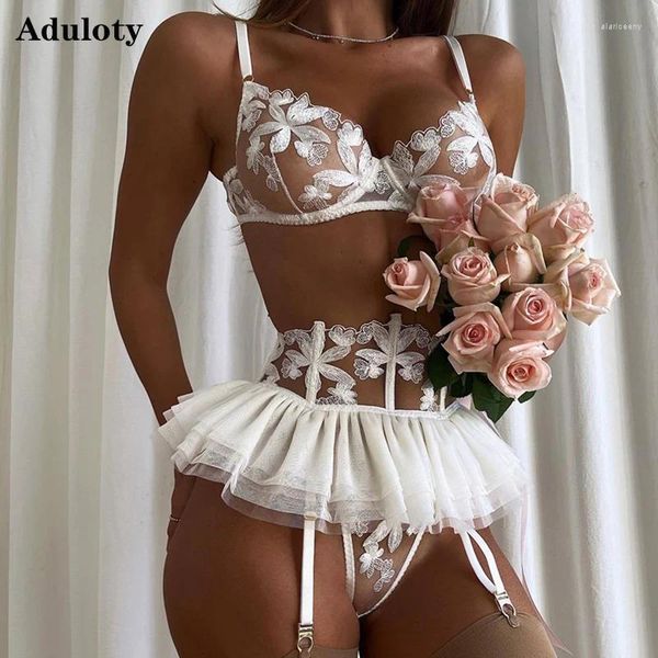 Conjuntos de sujetadores Aduloty Conjunto de ropa interior sexy para mujer Falda de gasa Falda con volantes Cinturón de liga hinchado Lencería erótica ajustada Sujetador fino Traje de tres piezas