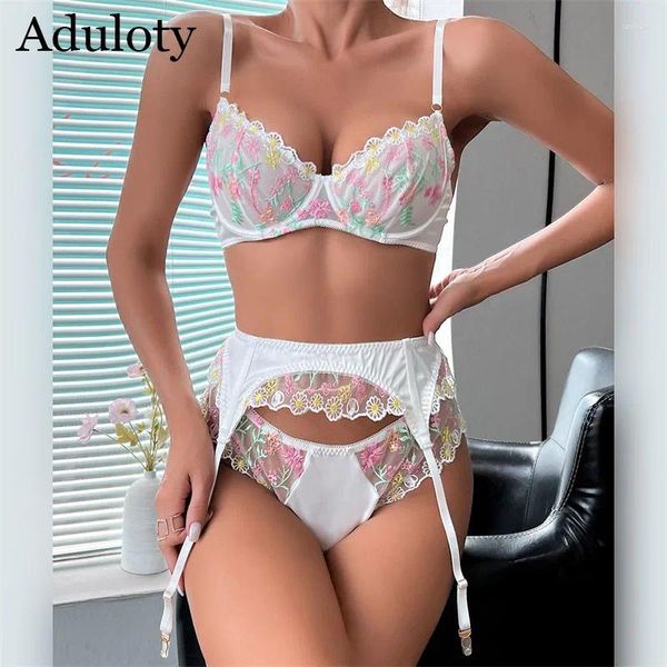 Soutien-gorge Ensembles Aduloty Femmes Sous-vêtements sexy Exquis Fleur Dentelle Brodée Soutien-gorge Jarretière String Mince Mesh Perspective Lingerie Trois Pièces Ensemble