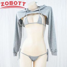 Bras stelt anime Backless Hooded Bikini Set met lange mouwen sexy Japanse driepunts zwempakmeisjes Mini Underwear Student Costume Cosplay