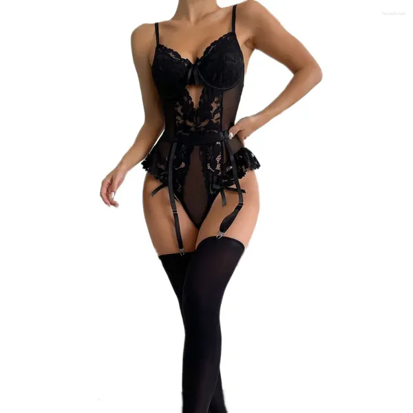 Conjuntos de sujetadores llegan traje sexy cuerpo lencería body mujeres eróticas red de pesca cofres abiertos medias eróticas disfraces negros
