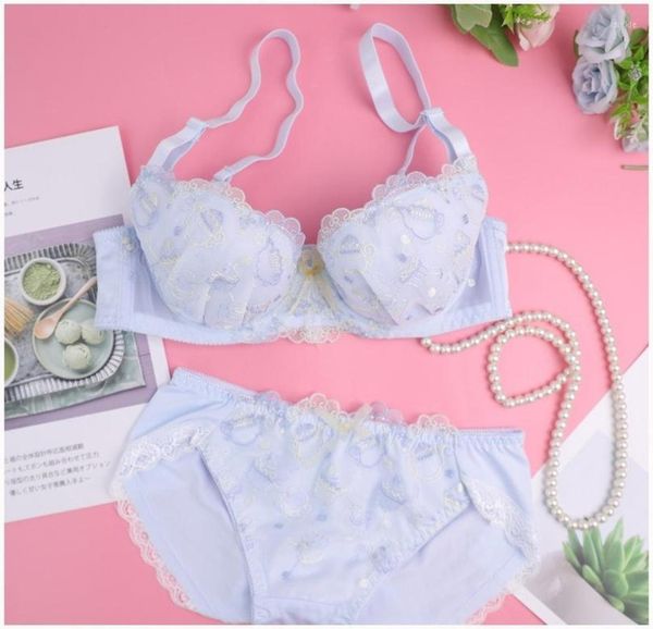 Conjuntos de sujetadores Hermosa ropa interior coreana Sexy Japonés Blanco Azul Bragas Push Up Bra Set Bordado de encaje Ropa Kawaii Lencería Femm2595381