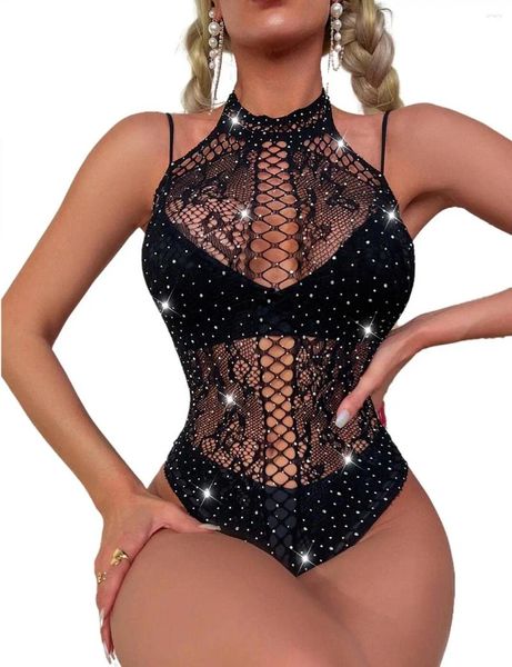 Conjuntos de sujetadores Black Sparkly Women's Porn Cut Out Fishnet Teddy Lencería Malla de una pieza Rave Body Fetiche Ropa Sexy Mujeres