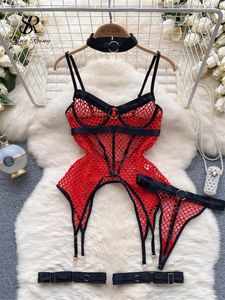 Soutien-gorge Ensembles Moulante Shapewear Femme Club Dos Nu Corset Lingerie Costumes Mesh Camis Sous-Vêtements Sensuels Ensemble Femelle Bretelles Patchwork