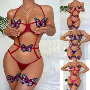 Behas stelt Bowknot Butterfly Plus size sexy lingerie vrouwen één stuk bodysuit holle out cutout erotische kostuums porno ondergoed set
