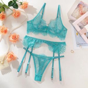 Bras sets de soutien-gorge Garter Garter Full Lace Blue intime Transparent Push Up Femmes Sexe Sleep Underwear UltraHin Lingerie