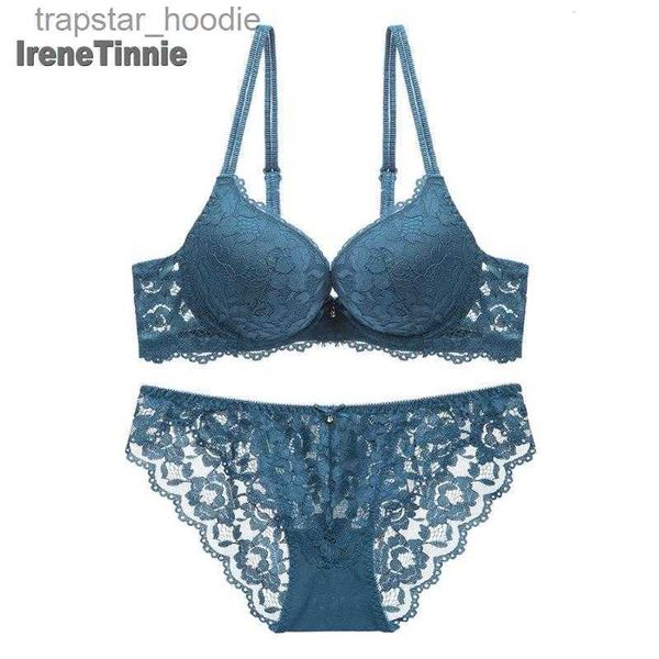 Conjuntos de sujetadores Conjuntos de sujetadores IRENE TINNIE Conjunto de lencería de encaje sexy Mujeres Push Up Three Quarter Cup Dessous Hollow Out Ajustable Debe Bra High Elastic Thong L230919