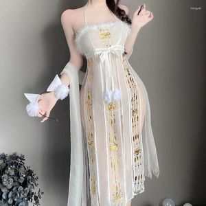 Bras stelt Chinese stijl Hanfu sexy lingerie mesh halter kant bloemen lange jurk anime cosplay uniform hoge splitspodium kostuums baby pop