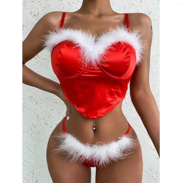 Soutien-gorge Ensembles de Noël Lingerie Érotique Costume Femmes Festival Sexy Corset Rouge Plume Garniture String Ensemble G-string Culottes Sous-Vêtements Costume