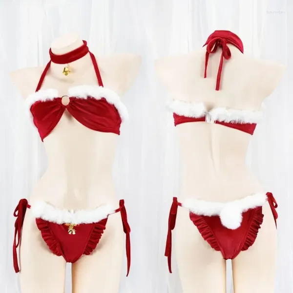 Conjuntos de sujetadores Conjunto de ropa interior roja de Navidad Mujeres Sexy Lencería de tres puntos Bikini Halter Cuello Erótico Peluche Amor Live Cosplay Disfraz 2024