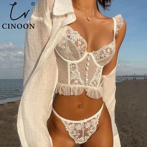 Bras Sets CINOON French Lingerie Sexy Women's Underwear Set Push Up Brassiere Lace Transparent Bra Panty Wedding White Thin 230825