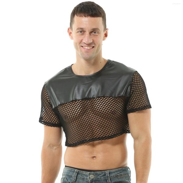 Conjuntos de sujetadores CLEVER-MENMODE Mens Sexy Crop Tops PU Cuero Malla Lencería Mini Chaleco Tanques Manga corta Músculo Clubwear Traje erótico O-Cuello