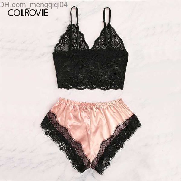 Ensembles de soutiens-gorge COLROVIE Bralette en dentelle florale avec short en satin ensemble de lingerie femmes 2019 été ensembles sexy dames soutien-gorge et culotte ensemble de sous-vêtements Y200708 Z230710