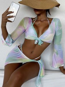 COOBBU Dames Badmode 4-delige bikini's Halterbadpak Cover-up met lange mouwen Tie Dye Bikinisets Bandagerok Badpak T221206