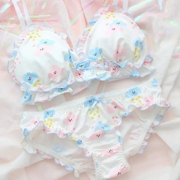 Bras sets mignons de fillette de soutien-gorge japonais set wirefree soft -wear sleep intimate kawaii lolita couleur blanc et culotte