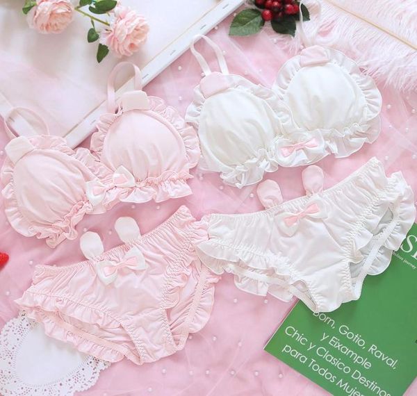 Sets Lindo japonés lolita kawaii bow ruffle blancos set de ropa interior sexy femenino lencería mujer039s sujetador de sujetador7807166