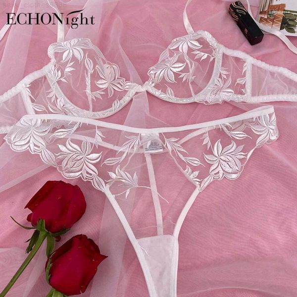 Conjuntos de sujetadores Echonight Lencería sexy Conjunto de ropa interior Sujetador Floral Erótico Blanco Transparente