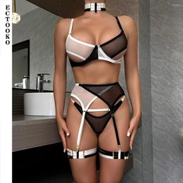 Bh's Sets ECTOOKO Hoge kwaliteit zwart-witte kleur Clash Dunne sectie Stretch Mesh Doorzichtige erotische lingerie Driedelige set