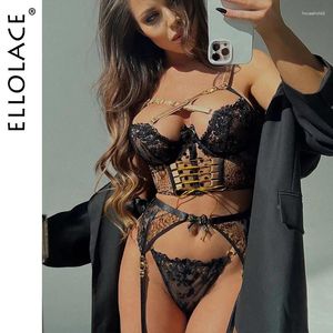 Soutien-gorge Ensembles Ellolace Délicat Léopard Lingerie Croix Soutien-Gorge Kit Push Up Voir À Travers Sous-Vêtements 4 Pièces Fétiche Fantaisie Luxe Dentelle Exotique