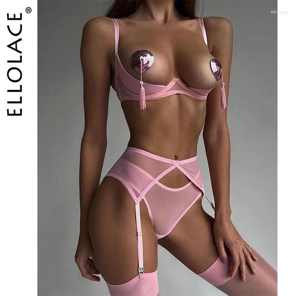 Soutien-gorge Ensembles Ellolace Lingerie Érotique Kit de soutien-gorge ouvert Push Up Sexy Sous-vêtements sensuels 3 pièces Coeur Creux Crotchless Culotte Jarretière Intime