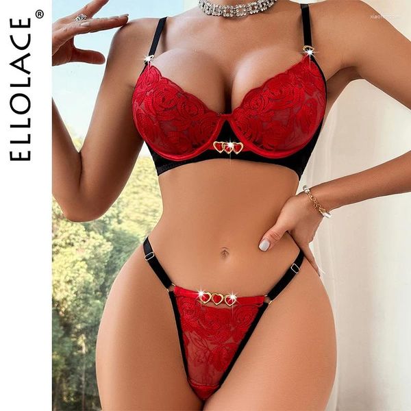 Soutien-gorge Ensembles Ellolace Lingerie Érotique Avec Dentelle Femmes 2 Pièces Ensemble Tenue Push Up Soutien-Gorge Rouge Sexy Broderie Mariée Sous-Vêtements Intime