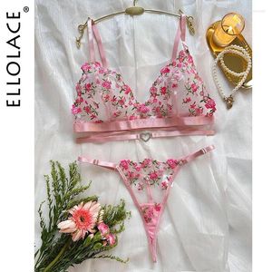 Soutien-gorge Ensembles Ellolace Fée Lingerie Floral Belle Sous-Vêtements Transparent Coeur Sensuel Strings Tulle Fantaisie Français Tenue