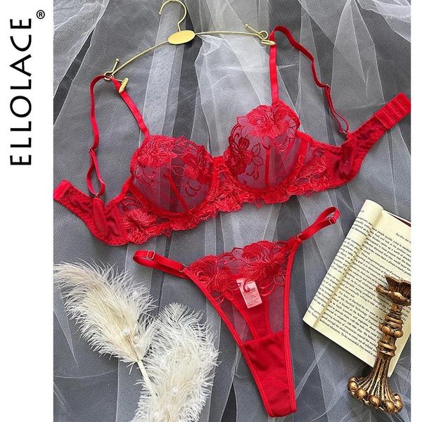 Conjuntos de sujetadores Ellolace Lencería de lujo Floral Sheer Lace Traje sexual erótico Fantasía Sexys Ropa interior de buen aspecto Sensual Artículos íntimos Conjunto exótico