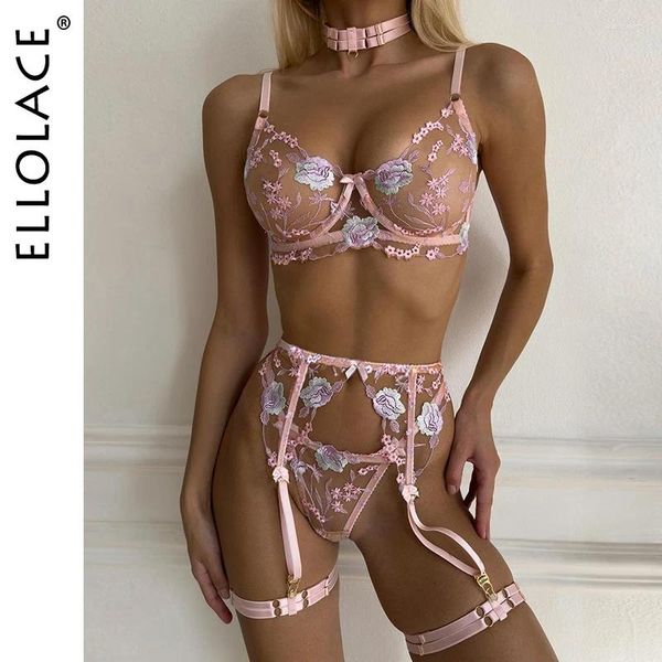 Soutien-gorge Ensembles Ellolace Floral Lingerie Érotique Transparent Fantaisie Sous-Vêtements Pushup Soutien-Gorge Et Panty Ensemble Fée Lavande Délicate Ceinture Slip Kit