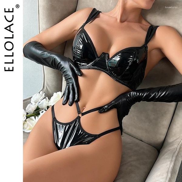 Conjuntos de sujetadores Ellolace Conjunto de lencería de cuero Mujer Fetiche Sexy Cuerpo Push Up Bra Íntimo Traje Erótico Club Latex Ropa interior Traje de sexo de goma